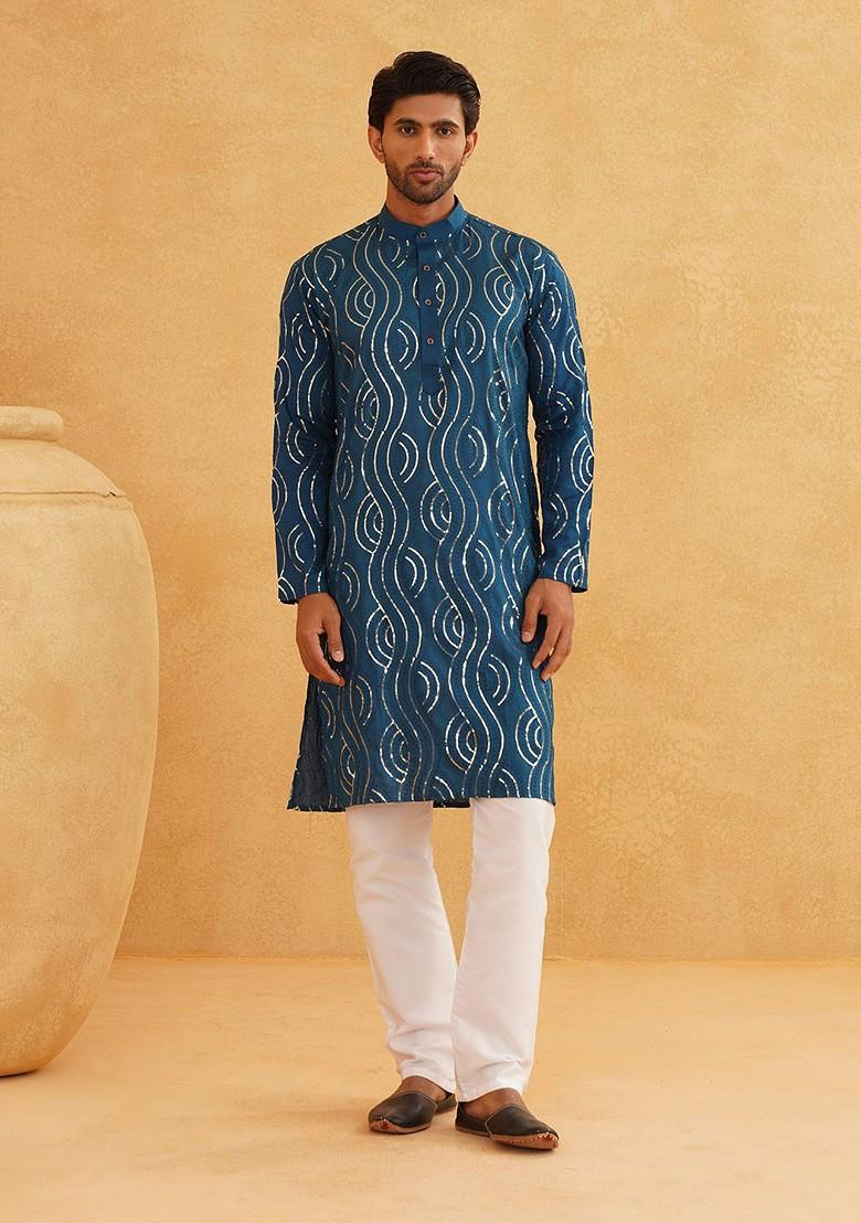 Teal Blue Embellished Cotton Kurta Set For Men