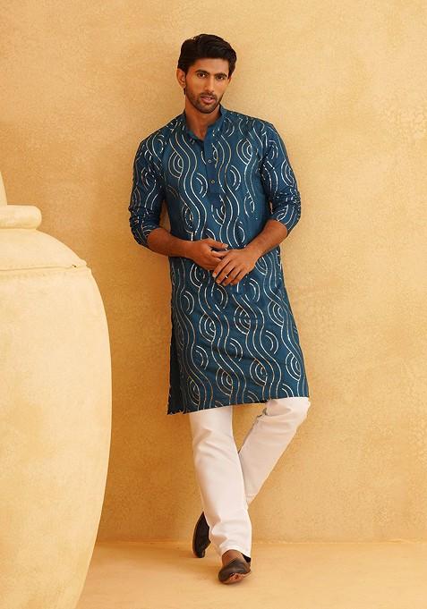 Teal Blue Embellished Cotton Kurta Set For Men