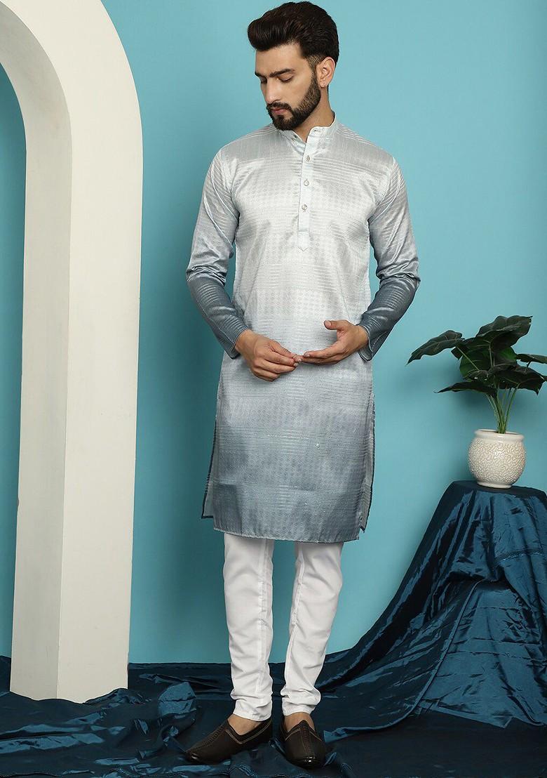 Grey Striped Jacquard Kurta Set For Men