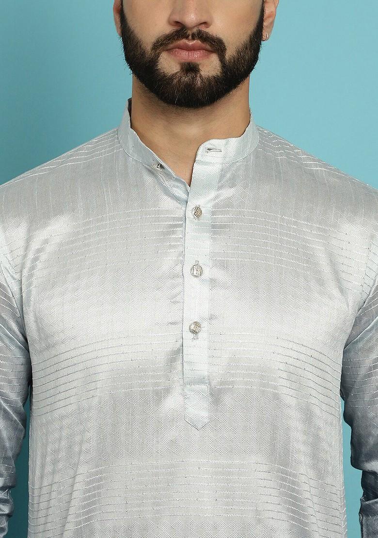 Grey Striped Jacquard Kurta Set For Men