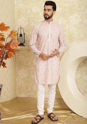 Pink Thread Work Cotton Kurta Set For Men