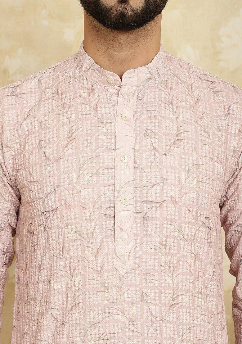 Pink Thread Work Cotton Kurta Set For Men