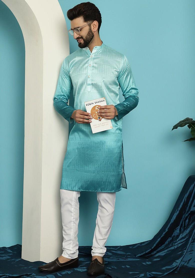 Sea Green Woven Silk Kurta Set For Men