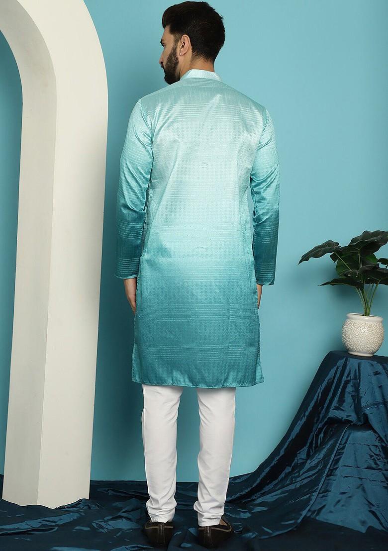 Sea Green Woven Silk Kurta Set For Men