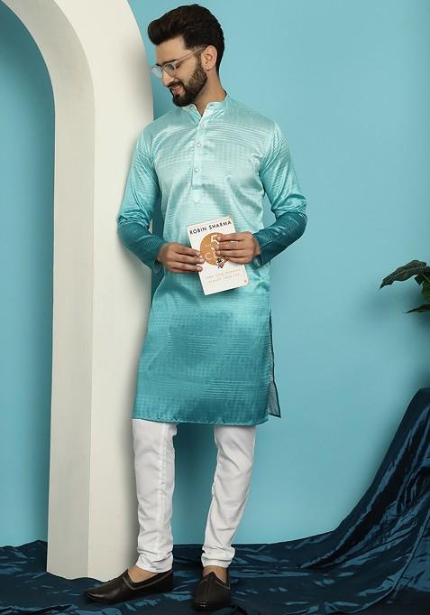 Sea Green Woven Silk Kurta Set For Men