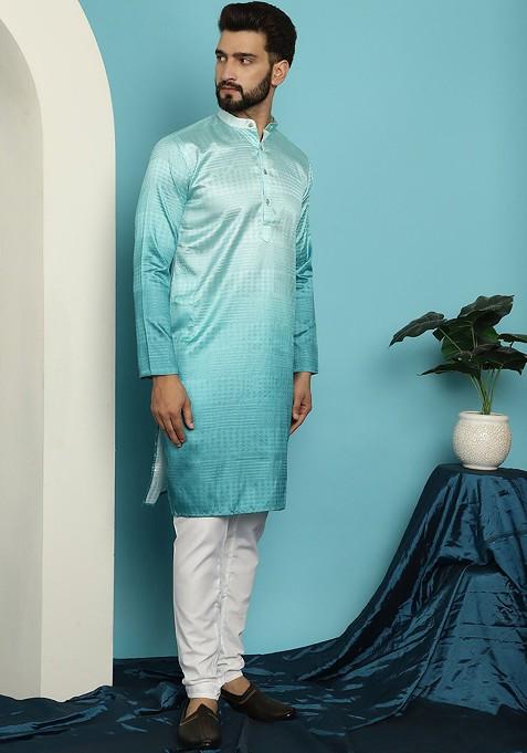 Sea Green Woven Silk Kurta Set For Men
