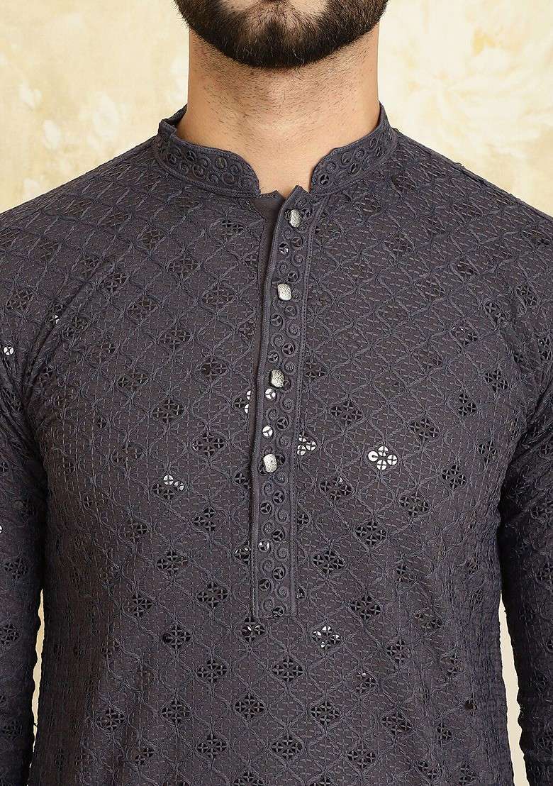 Grey Embroidered Cotton Kurta Set For Men - Indya