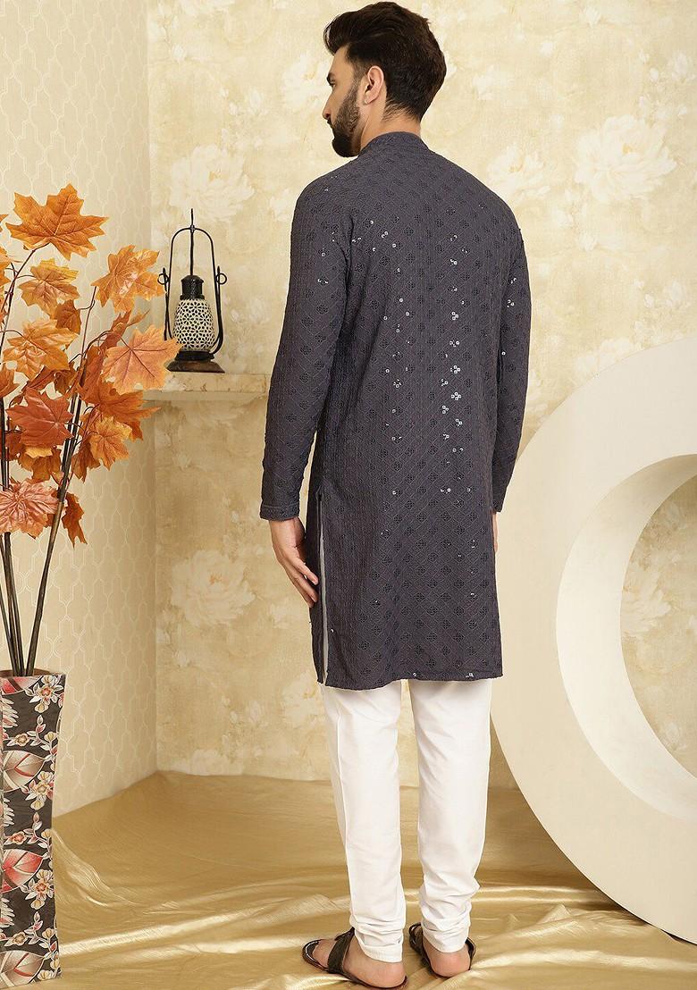 Grey Embroidered Cotton Kurta Set For Men