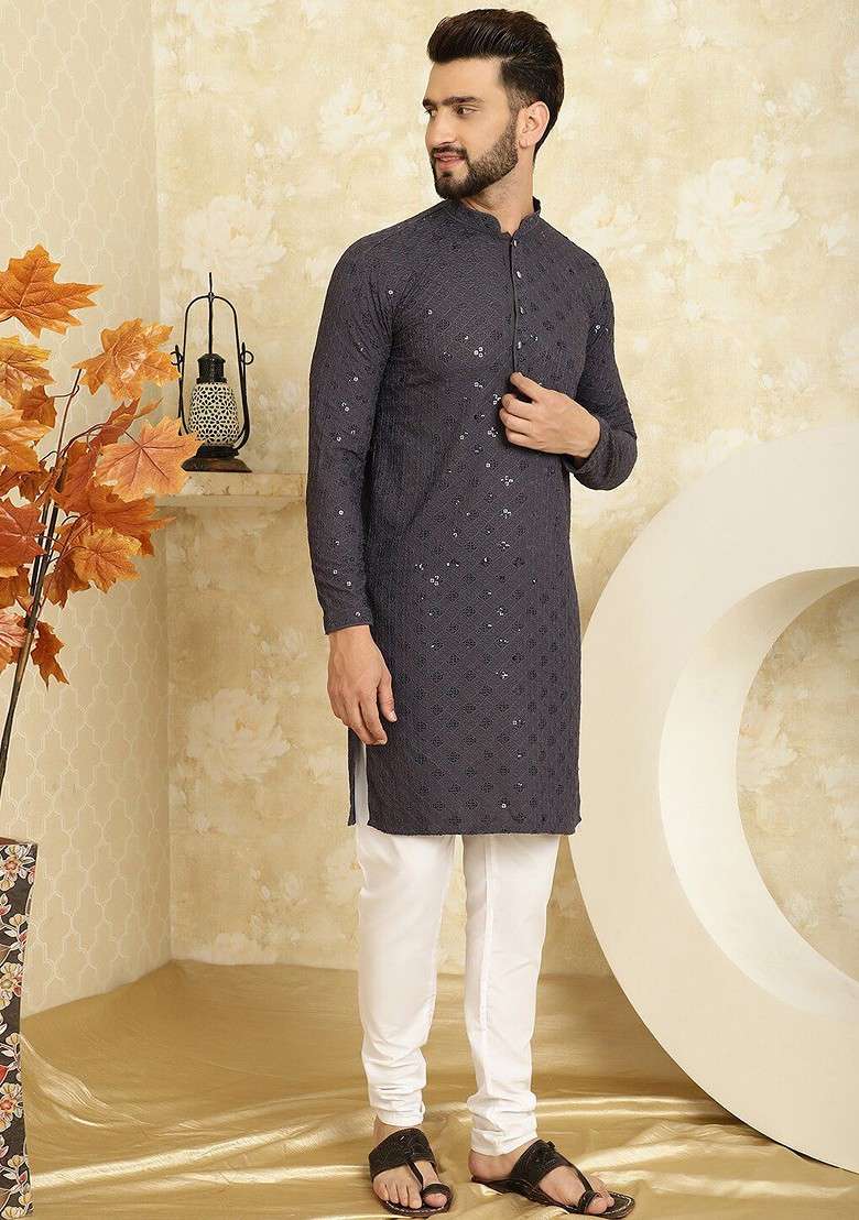 Grey Embroidered Cotton Kurta Set For Men - Indya