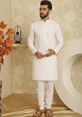 White Embroidered Cotton Kurta Set For Men