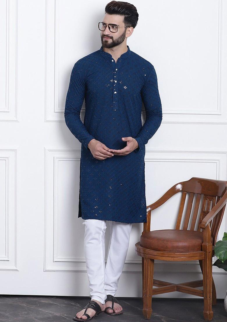 Teal Blue Embroidered Cotton Kurta Set For Men