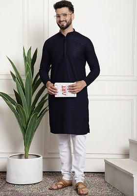 Navy Blue Thread Work Cotton Kurta Set For Men