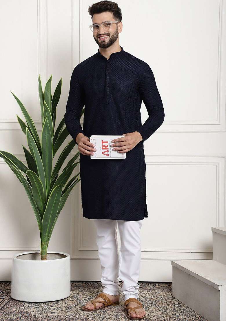 Navy Blue Thread Work Cotton Kurta Set For Men - Indya