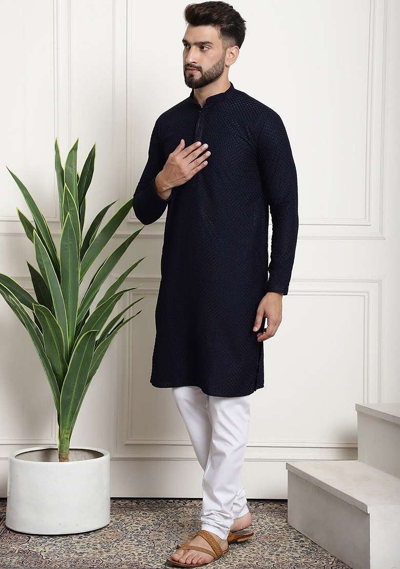 Navy Blue Thread Work Cotton Kurta Set For Men - Indya