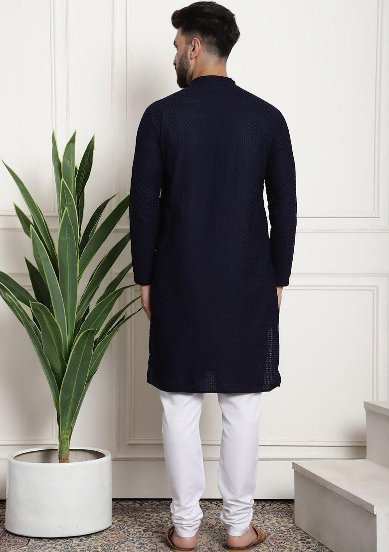 Navy Blue Thread Work Cotton Kurta Set For Men