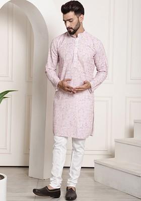 Pink Embroidered Cotton Kurta Set For Men