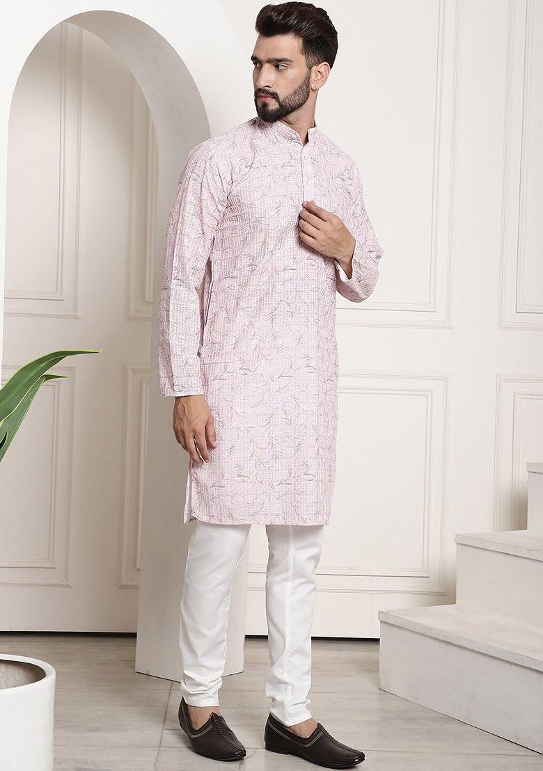 Pink Embroidered Cotton Kurta Set For Men