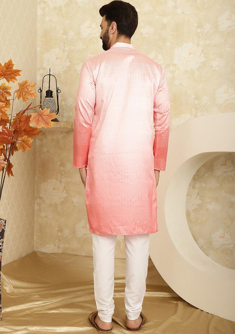 Pink Striped Poly Blend Kurta Set For Men