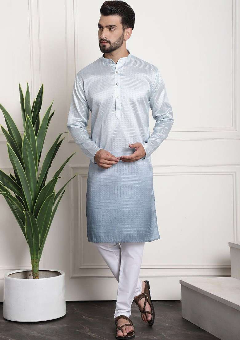 Grey Striped Poly Blend Kurta Set For Men - Indya