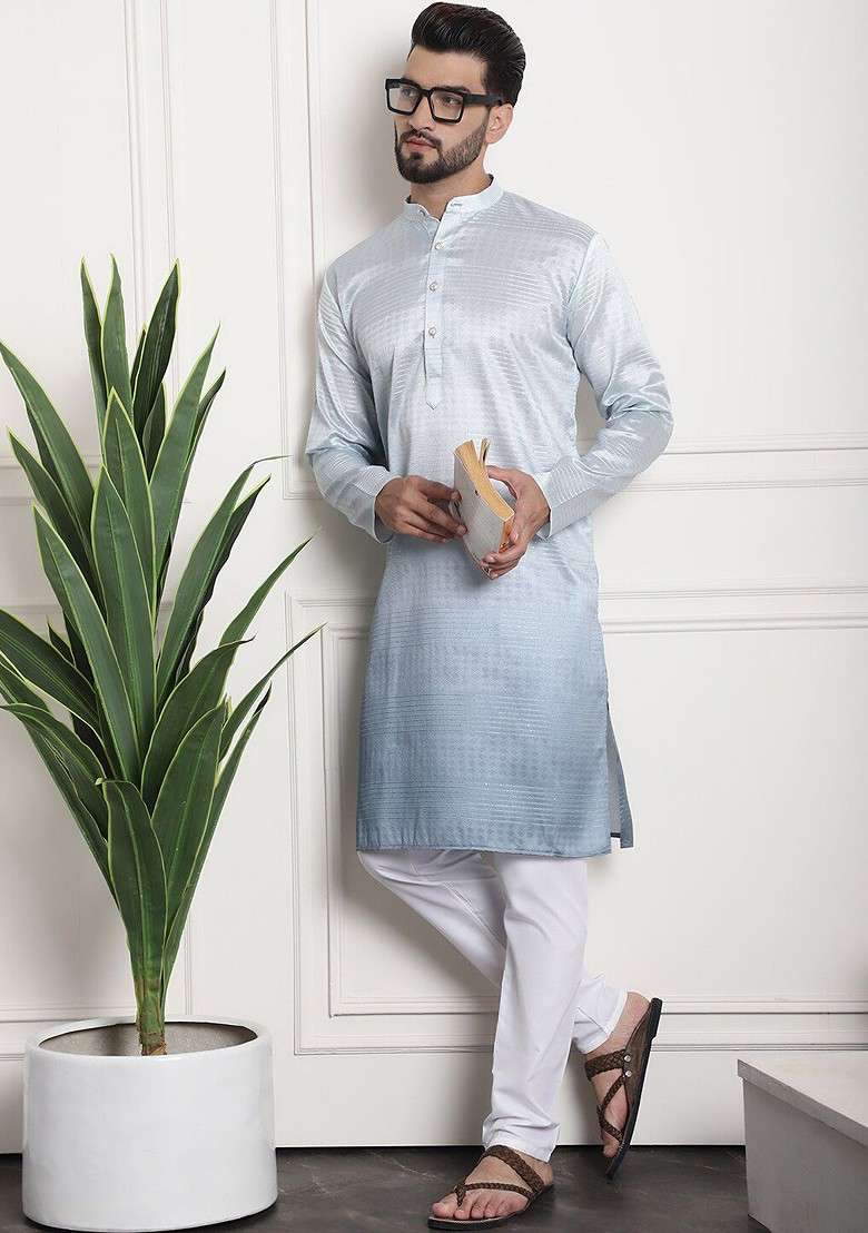 Grey Striped Poly Blend Kurta Set For Men - Indya