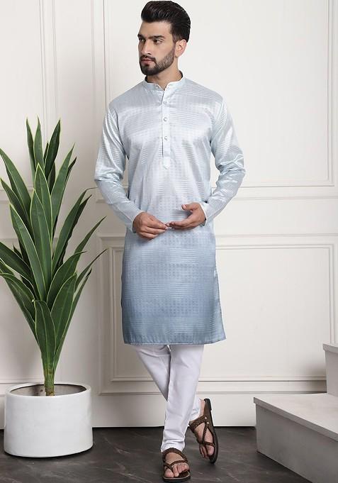 Grey Striped Poly Blend Kurta Set For Men — view on Indya
