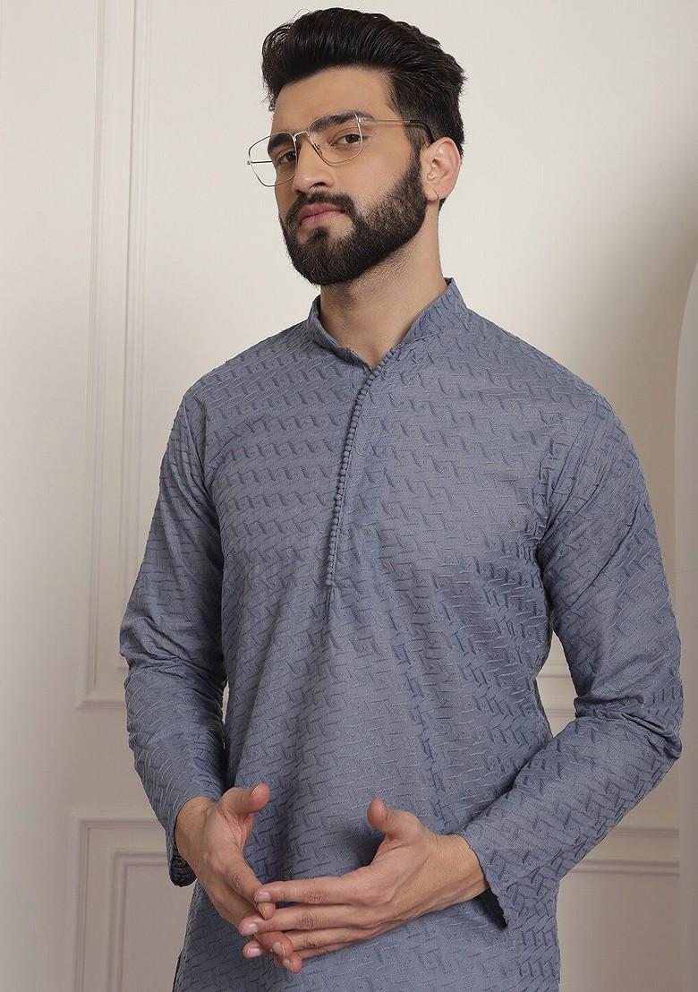 Grey Embroidered Cotton Kurta Set For Men