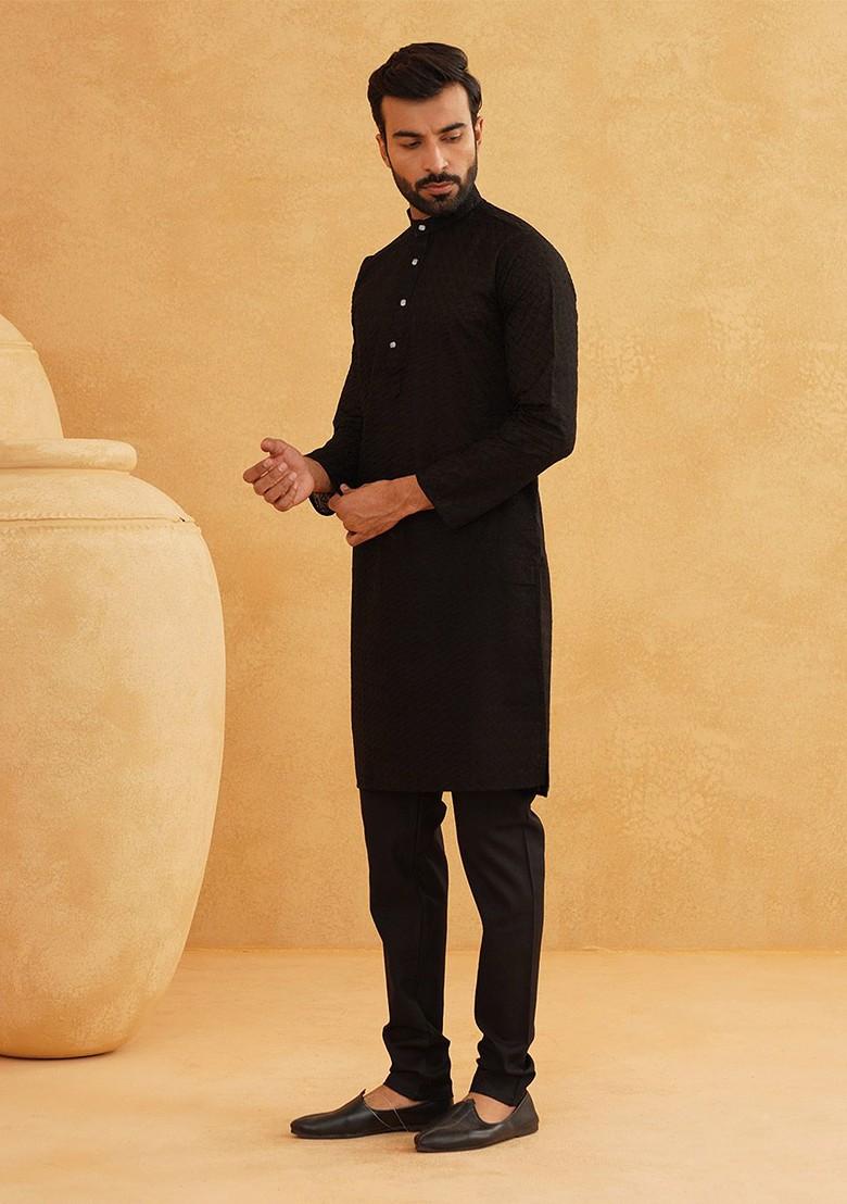 Black Embroidered Cotton Kurta Set For Men