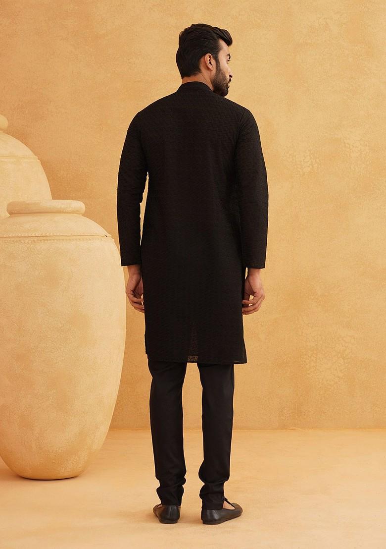 Black Embroidered Cotton Kurta Set For Men