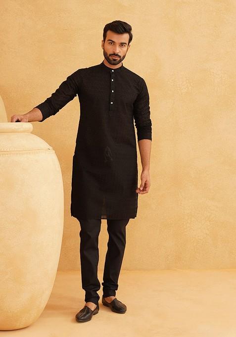 Black Embroidered Cotton Kurta Set For Men