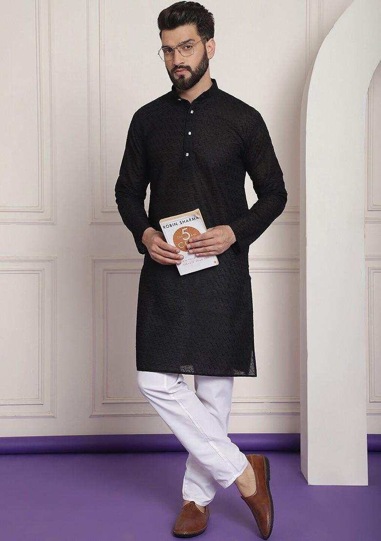 Black Embroidered Cotton Kurta Set For Men