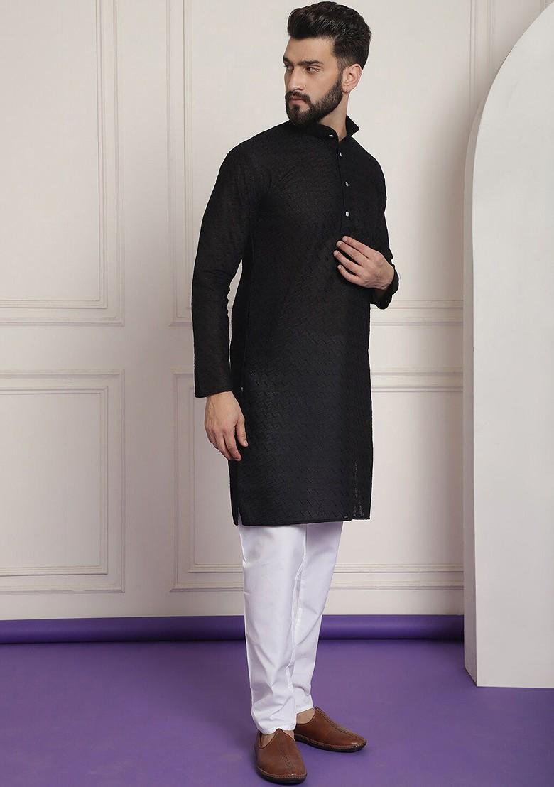 Black Embroidered Cotton Kurta Set For Men