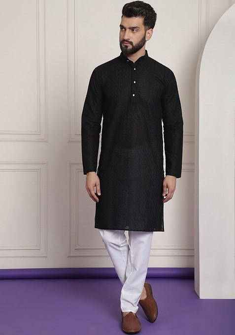 Black Embroidered Cotton Kurta Set For Men
