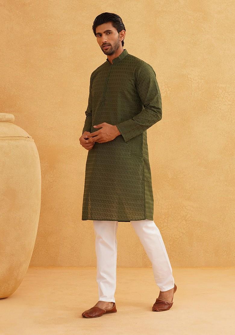 Green Thread Work Cotton Kurta Set For Men