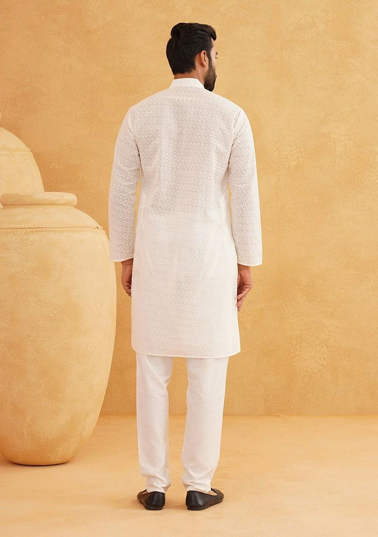 Cream Thread Work Cotton Kurta Set For Men