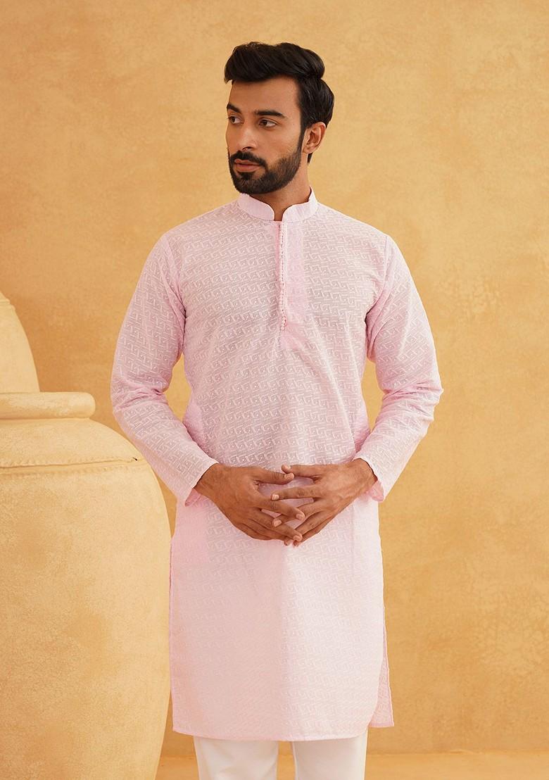 Pink Thread Work Cotton Kurta Set For Men