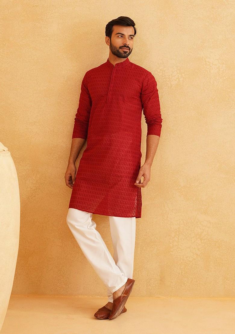 Maroon Thread Work Cotton Kurta Set For Men