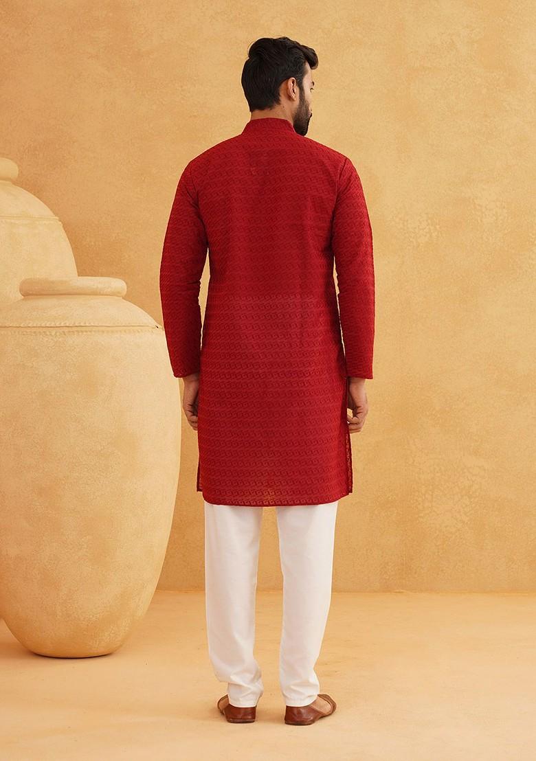 Maroon Thread Work Cotton Kurta Set For Men