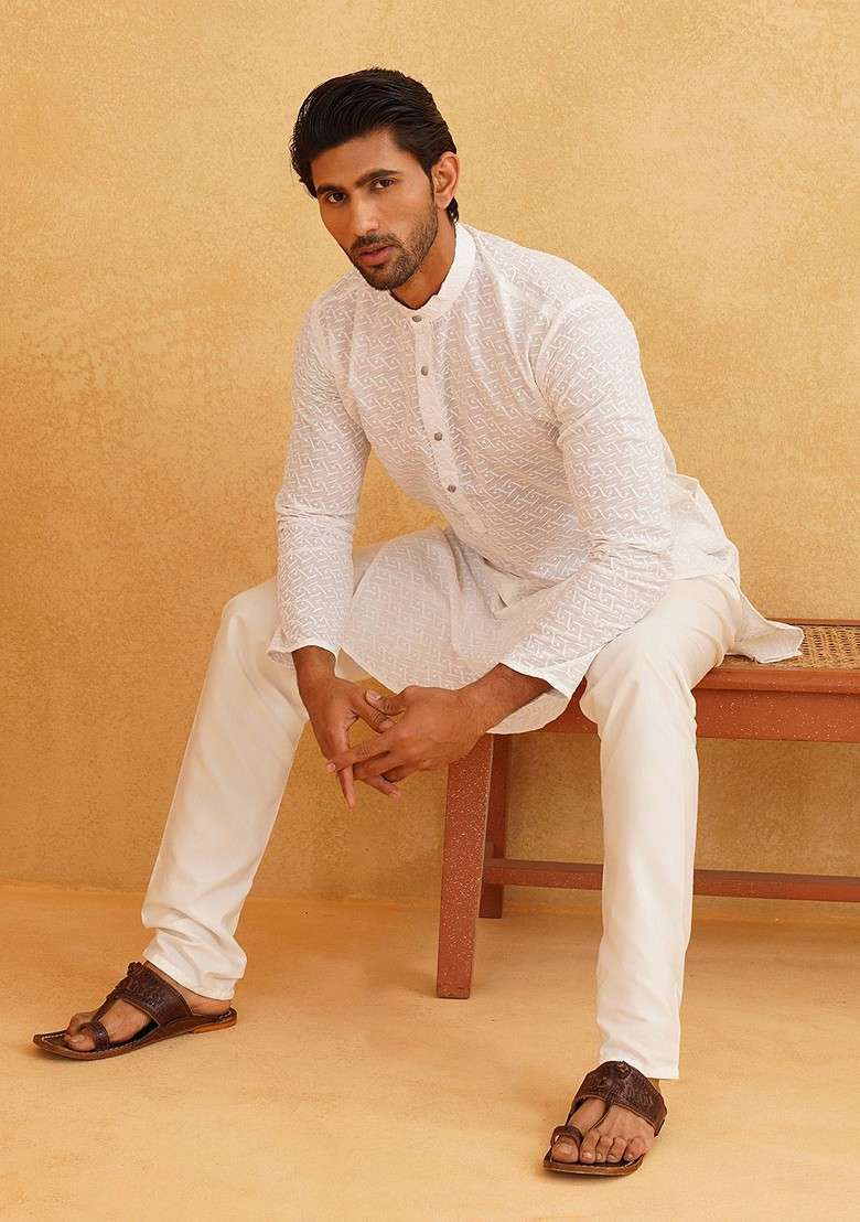 White Thread Work Cotton Kurta Set For Men - Indya