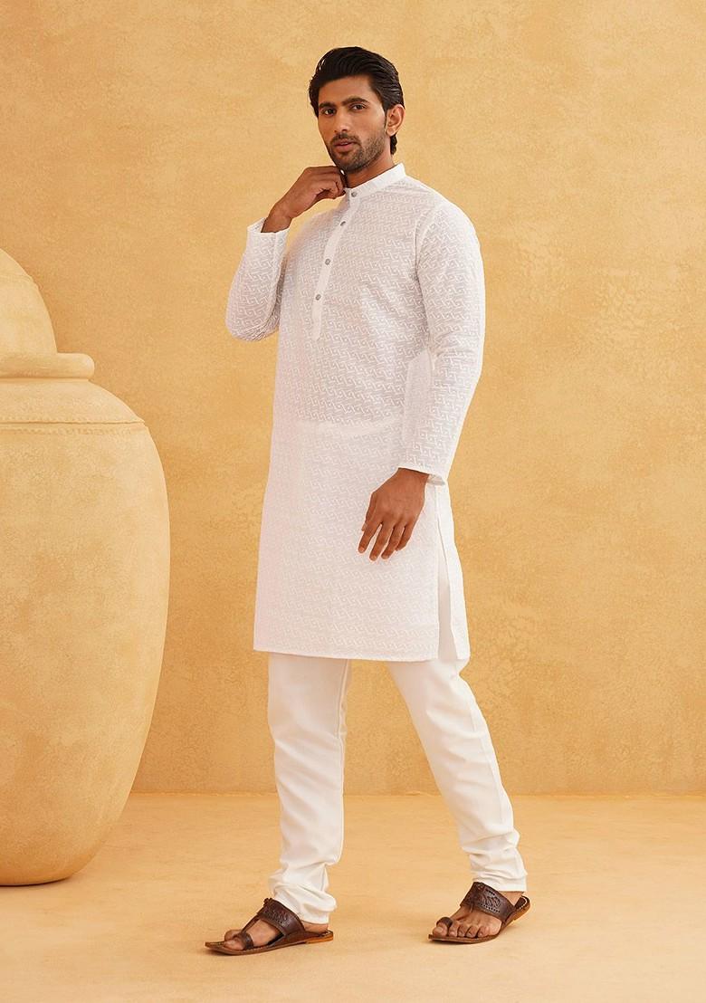 White Thread Work Cotton Kurta Set For Men
