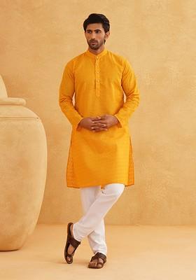 Mustard Thread Work Cotton Kurta Set For Men