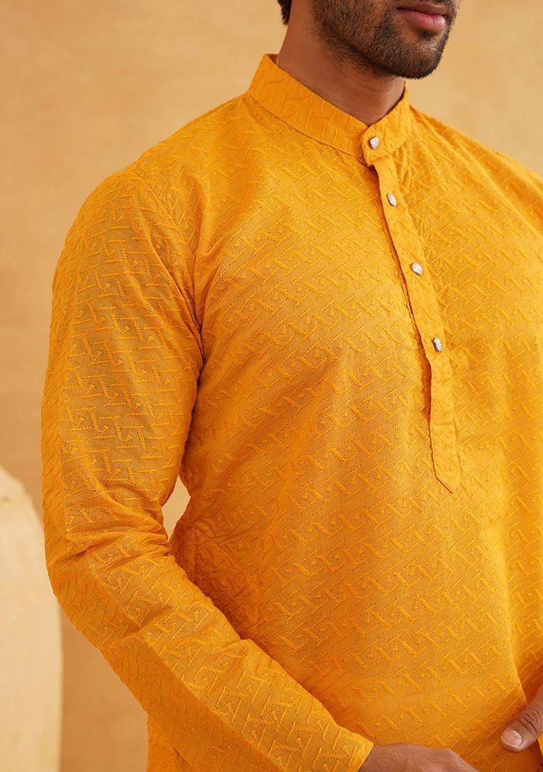 Mustard Thread Work Cotton Kurta Set For Men