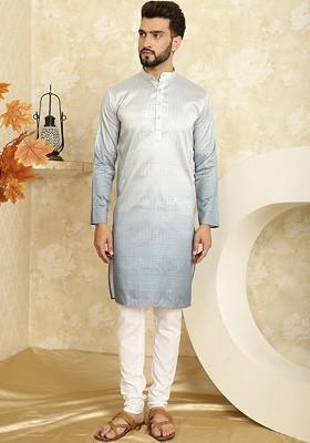 Grey Striped Jacquard Kurta Set For Men