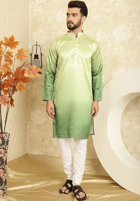 Green Striped Jacquard Kurta Set For Men — view on Indya