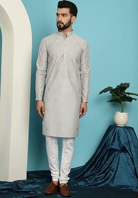 Grey Printed Jacquard Kurta Set For Men