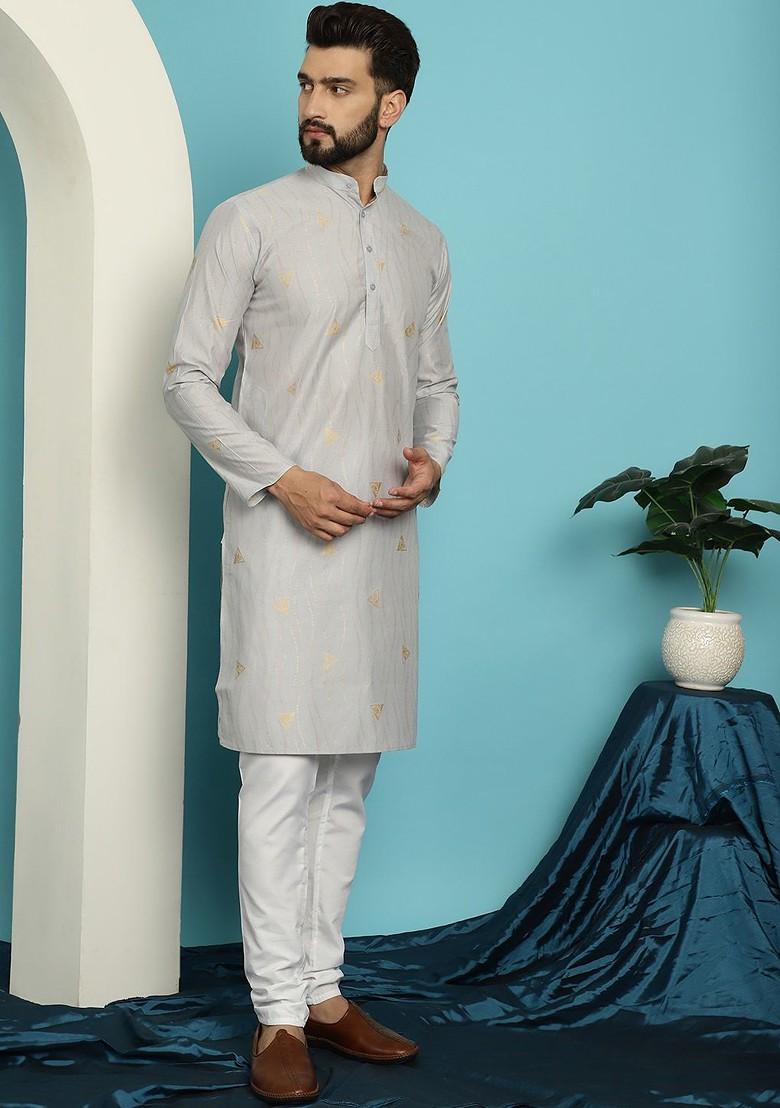 Grey Printed Jacquard Kurta Set For Men