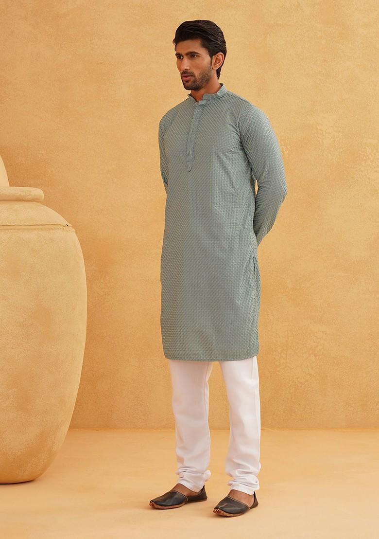 Sea Green Woven Cotton Kurta Set For Men