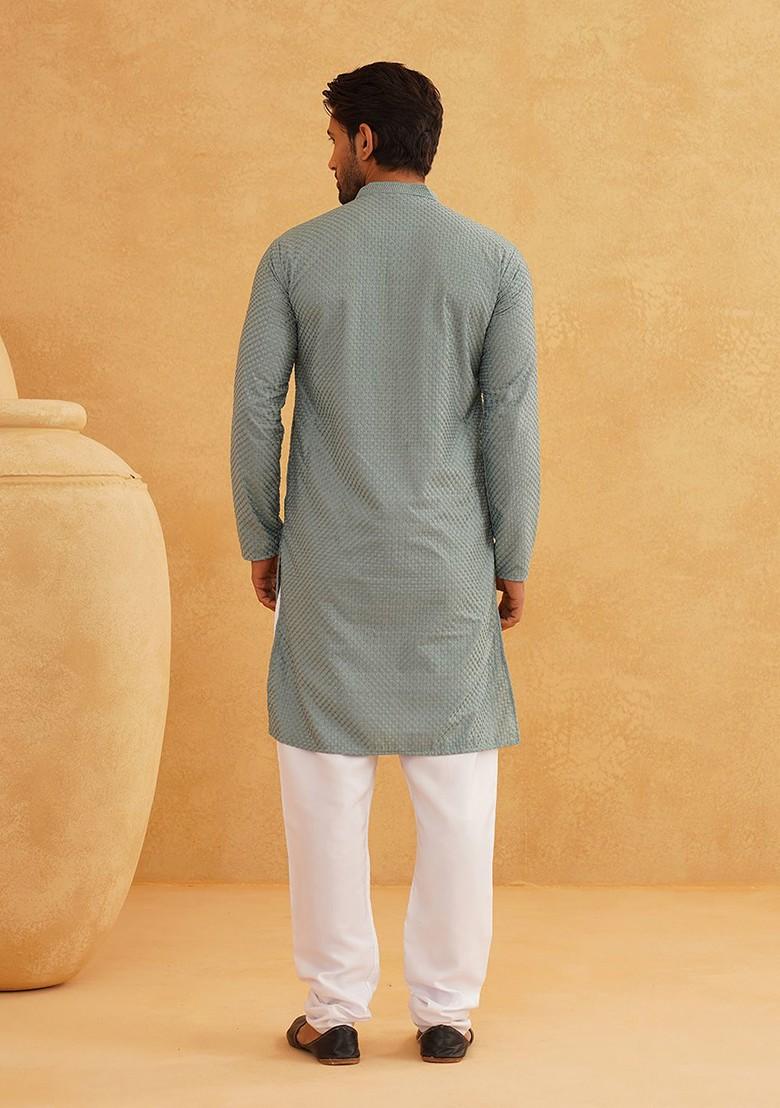 Sea Green Woven Cotton Kurta Set For Men
