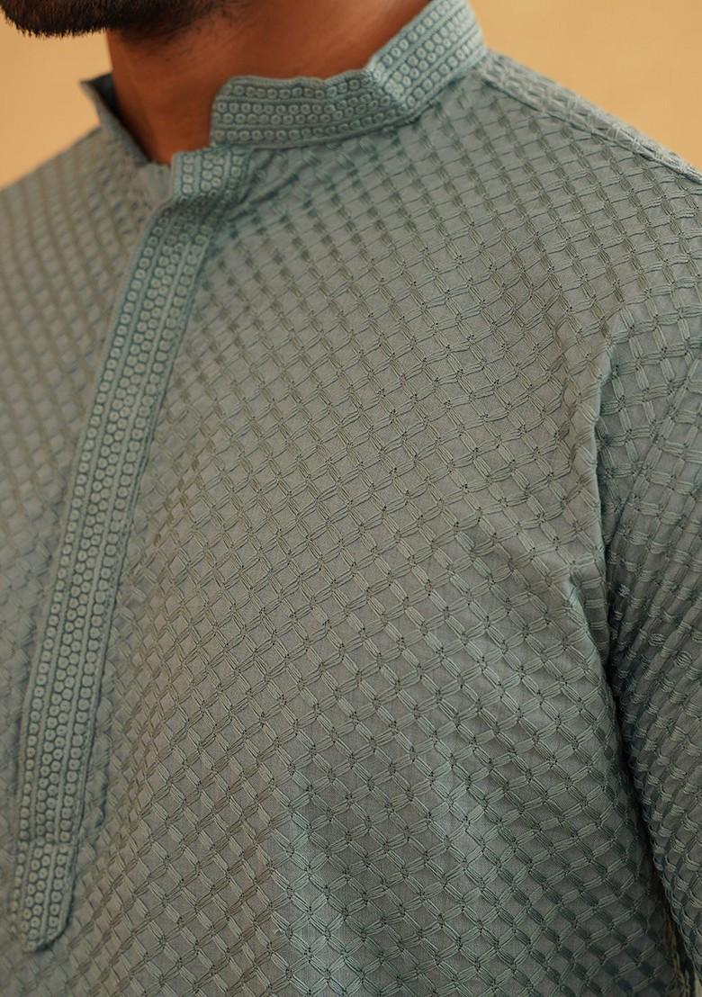 Sea Green Woven Cotton Kurta Set For Men