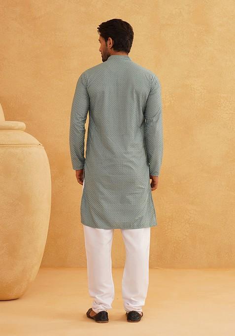 Sea Green Woven Cotton Kurta Set For Men