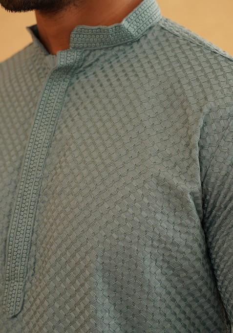 Sea Green Woven Cotton Kurta Set For Men